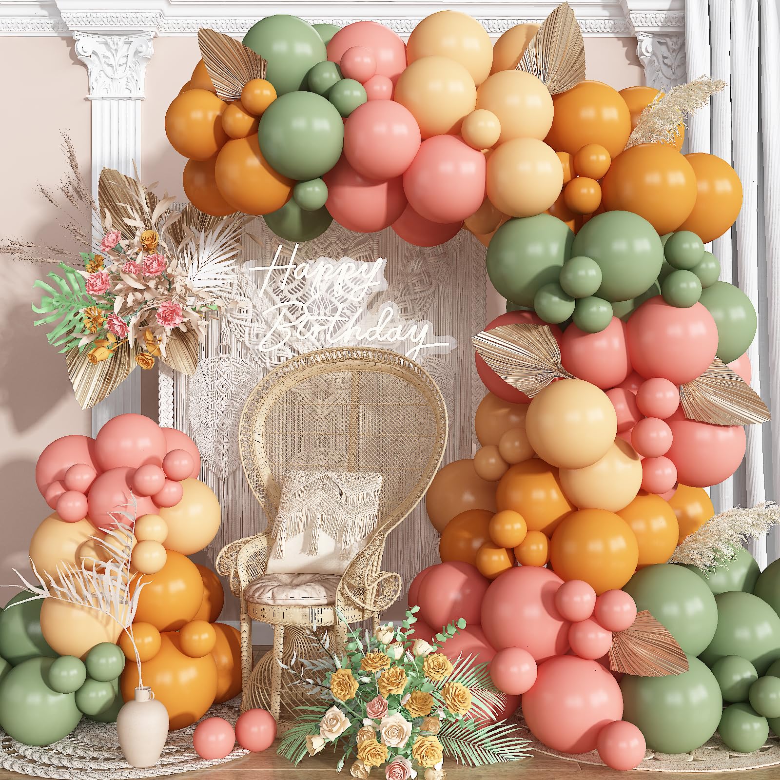 Photo 1 of HILAVO Sage Green and Pink Balloons Arch Retro Dusty Pink Olive Green Burnt Orange Beige Balloons Garland for Boho Thanksgiving Fall Autumn Baby Shower Fairy Floral Jungle Safari Birthday Party Decor