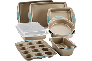 Rachael Ray 47578 Cucina Nonstick Bakeware Set with Grips Includes Nonstick Bread Pan, Baking Sheet, Cookie Sheet, Baking Pans, Cake Pan and Muffin Pan - 10 Piece, Latte Brown with Agave Blue Grips