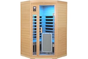 SALUSHEAT 2 Person Infrared Sauna Ultra Low EMF Infrared Sauna Far Infrared Sauna Canadian Hemlock Indoor Corner Sauna Spa with Front Door Heating Panel, Bluetooth Speaker, Reading Lamp, Chromotherapy Light