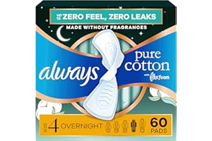Always Pure Cotton Feminine Pads for Women, FlexFoam Pads with Wings, Size 4, Overnight Absorbency, Unscented, 60 Count (3 Packs of 20)