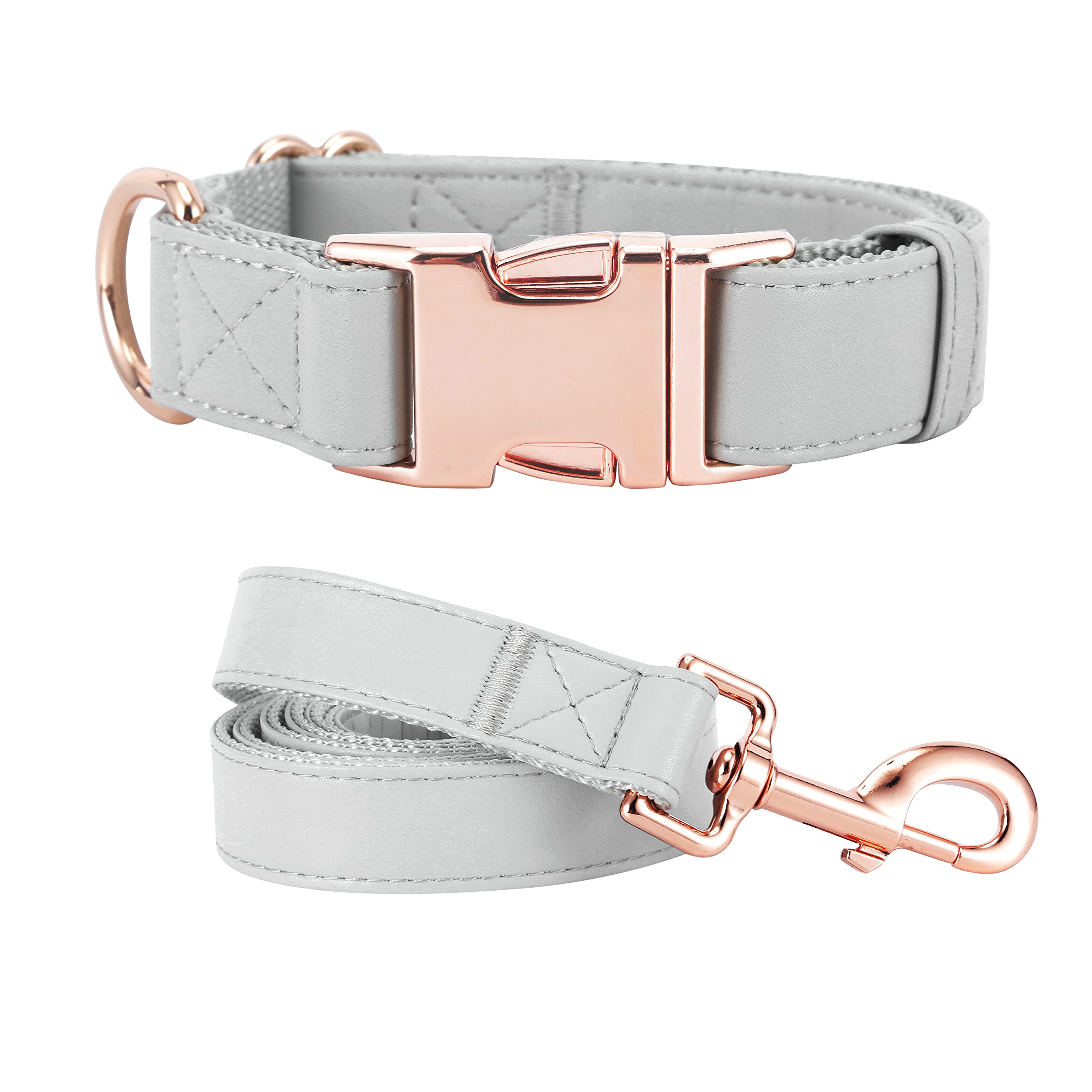 Dog Collar and Leash Set.Soft and Easy to Clean Vegan Leather with Rose Gold Metal Buckle for Small Medium Large Dogs (XS(8"-12"), Grey)
