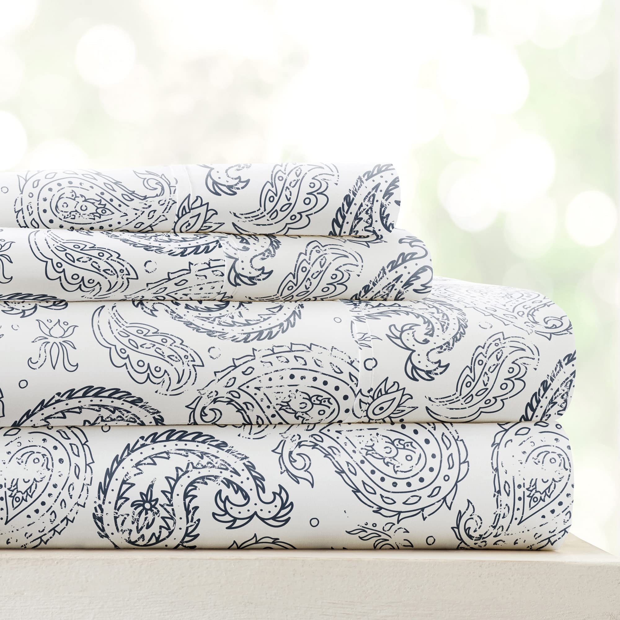 Linen Market Sheet Set, Cotton, Coarse Paisly Navy, Full