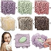SHENLIU 12 Pack Loofah Washcloth Soap Bar Loofah, 2 in 1 Drawstring Exfoliation Bath Sponge with Bar Soap Pocket Exfoliation Mesh Shower Puff Ball Bath Shower Body Wash Cleansing Smooth Skin