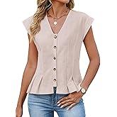 Bellcoco Womens V Neck Crop Tank Tops Cap Sleeve Spring Summer Blouse Button Down Shirts Going Out Vests Top Trendy 2026