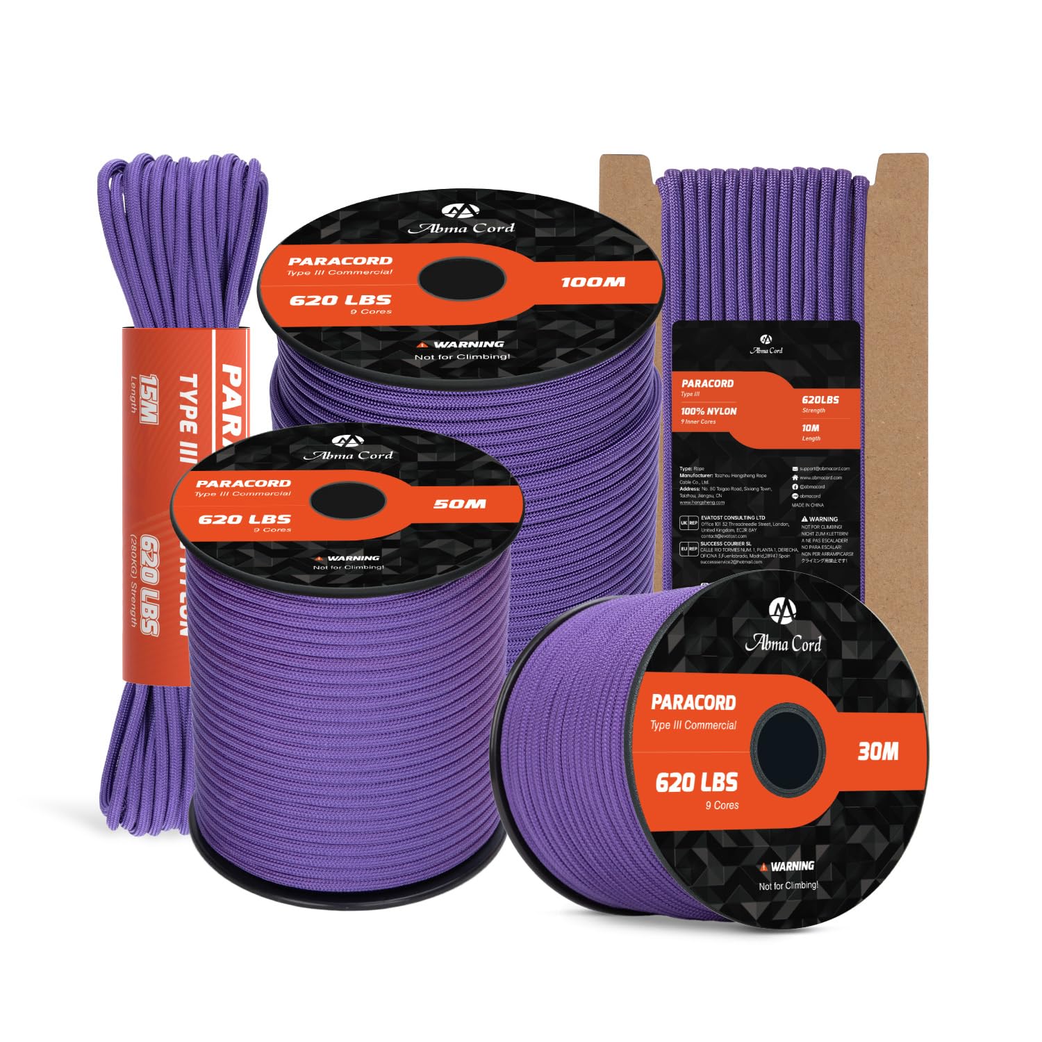 Abma Cord Paracord 4mm 15m 100% Nylon Rope 9 Strands Type III Parachute Cord for DIY, Camping, Survival, Outdoor - Max. 280kg - Purple