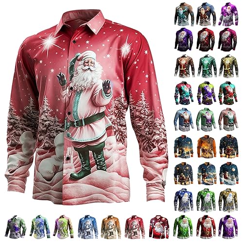 Christmas Shirts for Men Novelty Santa Claus Print Long Sleeve Casual Button Down Dress Shirt Xmas Hawaiian Vacation Tee Tops, A012-Red, L