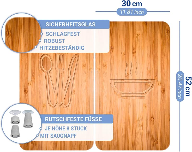 Herdabdeckplatte Universal Mod. Lunch, höhenverstellbar für alle Herdarten, Schneidebrett und Spritzschutz, Glas, 30 x 52 cm, 2-teilig