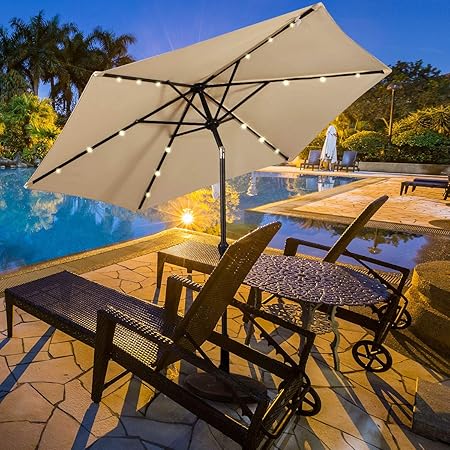 Amazon Com Happygrill 9ft Patio Umbrella With Solar Lights Outdoor Table Umbrella With Tilt Crank Sun Umbrellas For Market Garden Patio Pool Beige Garden Outdoor