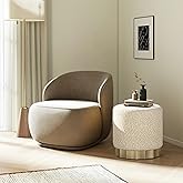 JTH Luxe Hampton 18" Round Upholstered Ottoman with Scalloped Base, Speckled Egg Beige Chenille