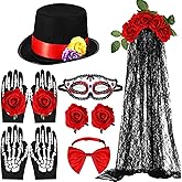 Tigeen 7 Pieces Halloween Day of the Dead Costume Accessories Set for Men and Women Skeleton Rose Couple Costume Skeleton Gloves Men's Hat Bow Tie Rose Floral Crown Veil Hair Clip