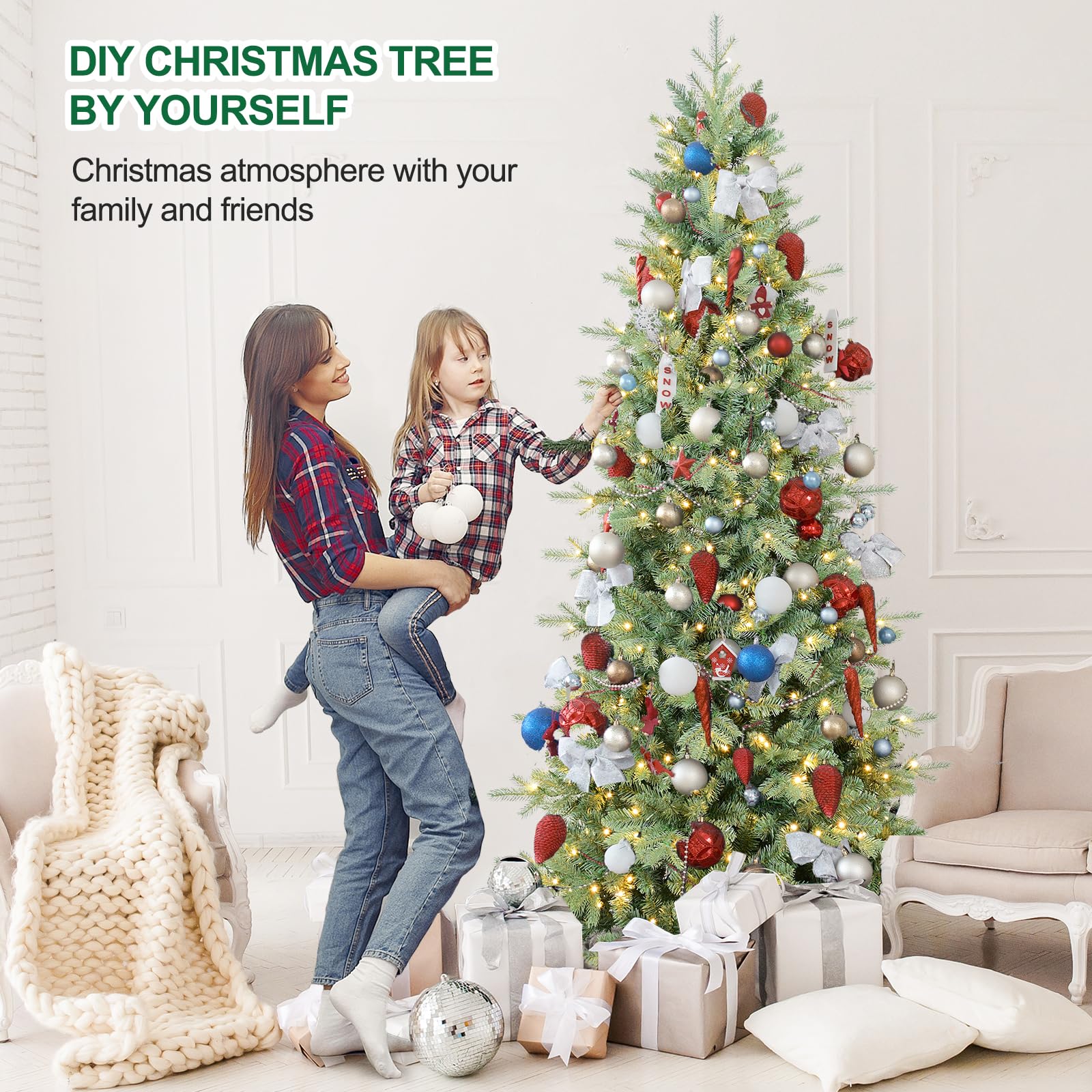 7 FT Prelit Artificial Skinny Christmas Tree,Blue Spruce Slim Pencil Xmas Tree with 1552 PE&PVC Mixed Branch Tips and 400 UL Listed Clear Lights,Hinged Pine Tree with Metal Stand for Home Office Décor