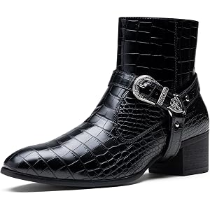 Jousen Men's Cowboy Ankle Boots Buckle Strap Side Zipper | Crocodile Embossed Exotic PU Leather Short Round Toe Memory Foam W