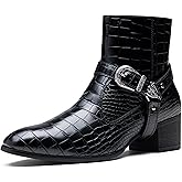 Jousen Cowboy Boots for Men Crocodile Embossed Men's Western Boot with Belt Buckle Side Zipper Stylish Retro Short