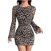 GORGLITTER Women's Cheetah Leopard Animal Print Dress Y2k Backless Mesh Long Sleeve Bodycon Mini Dresses