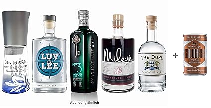 Gin 5er Probierset - Gin Mare Gin + Luv & Lee + No3 London dry Gin + Mileys Himbeer Likör Gin + The Duke - je 10cl