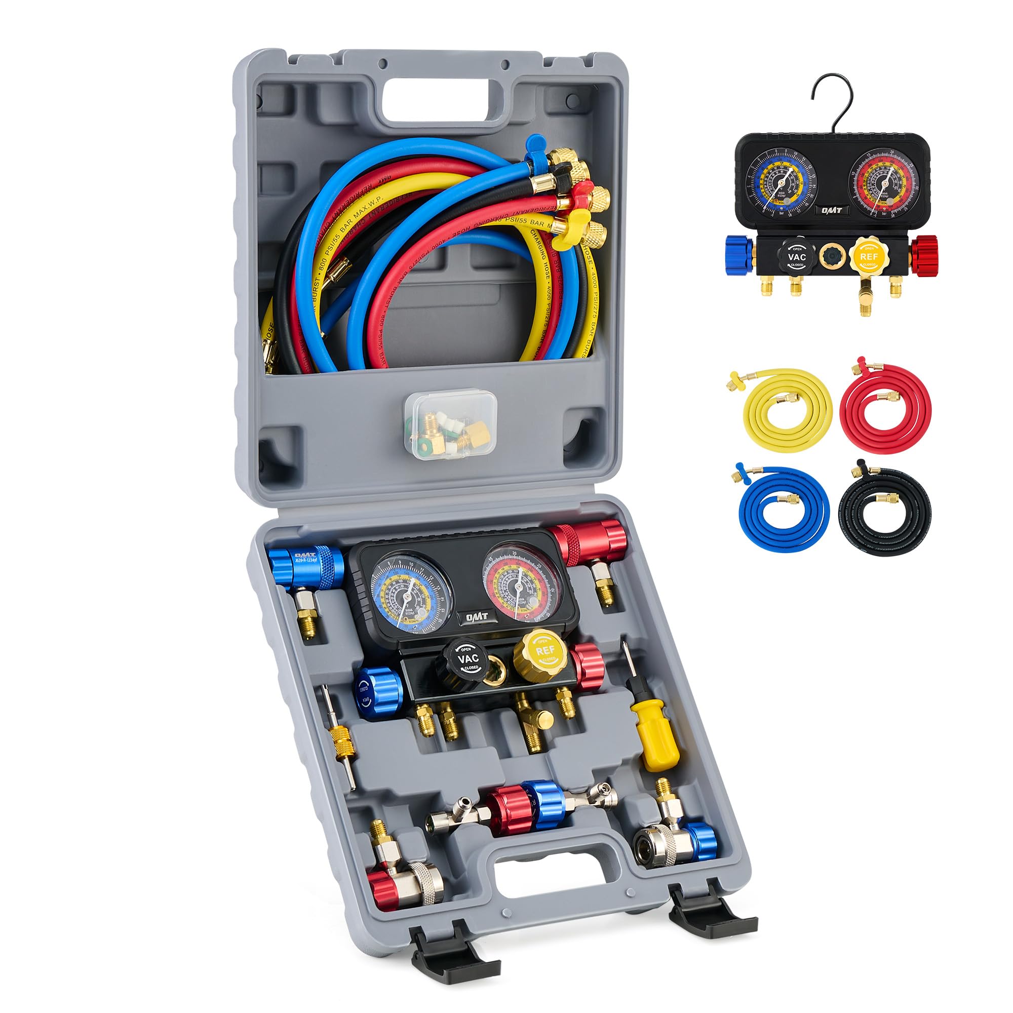 Photo 1 of Orion Motor Tech R1234yf AC Gauge Set, 4 Way AC Gauges W Hoses R1234yf R134a Quick Couplers Self Sealing Can Tap for Freon Charging, AC Gauge Kit for R1234yf R134a R404a, 4 Valve Manifold Gauge Set