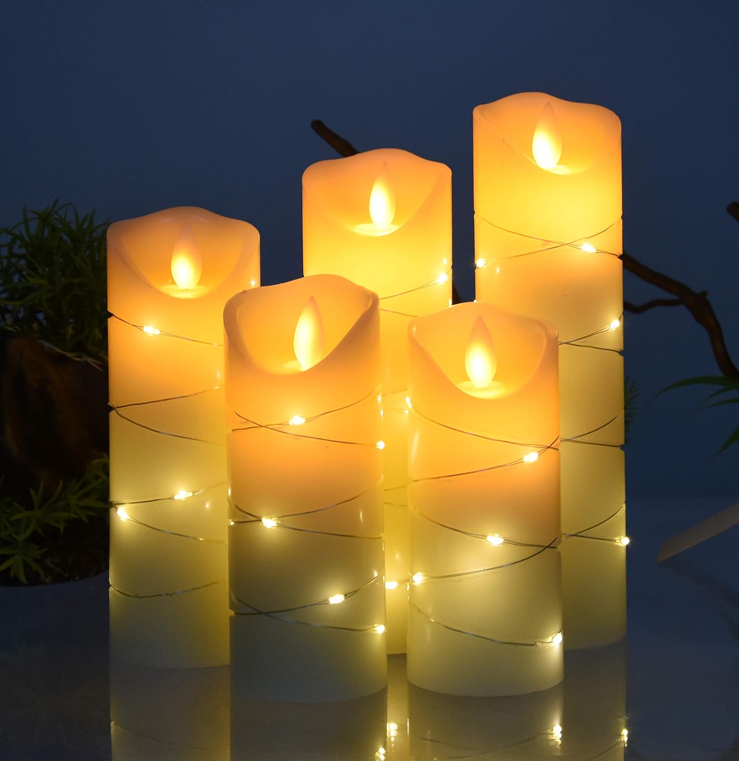 DANIP flameless Candle, with Embedded String Lights, 5-Piece LED Candles, with 10-Key Remote Control, 24-Hour Timer Function, Dancing Flame, Real Wax, Battery-Powered. (Ivory White): Home & Kitchen