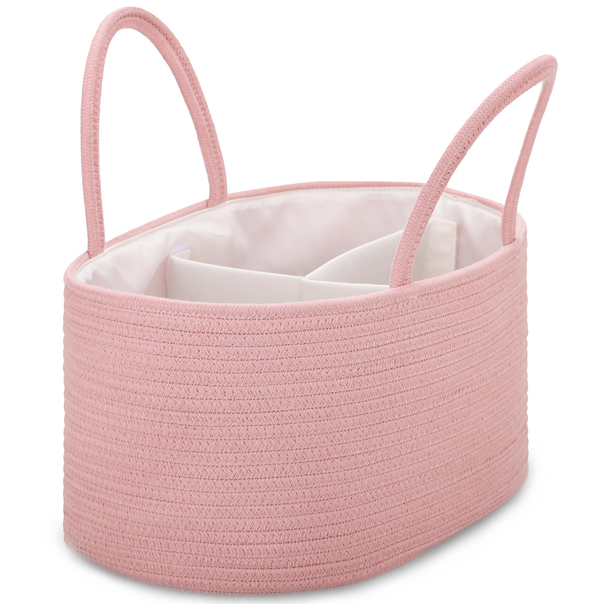 COMSE Large Nappy Caddy Organizer for Girl Boy, Baby Car Diaper Caddy with Handles, Cotton Rope Diaper Basket, Baby Shower Gifts Newborn Essentials Registry Must Have, Dusty Pink