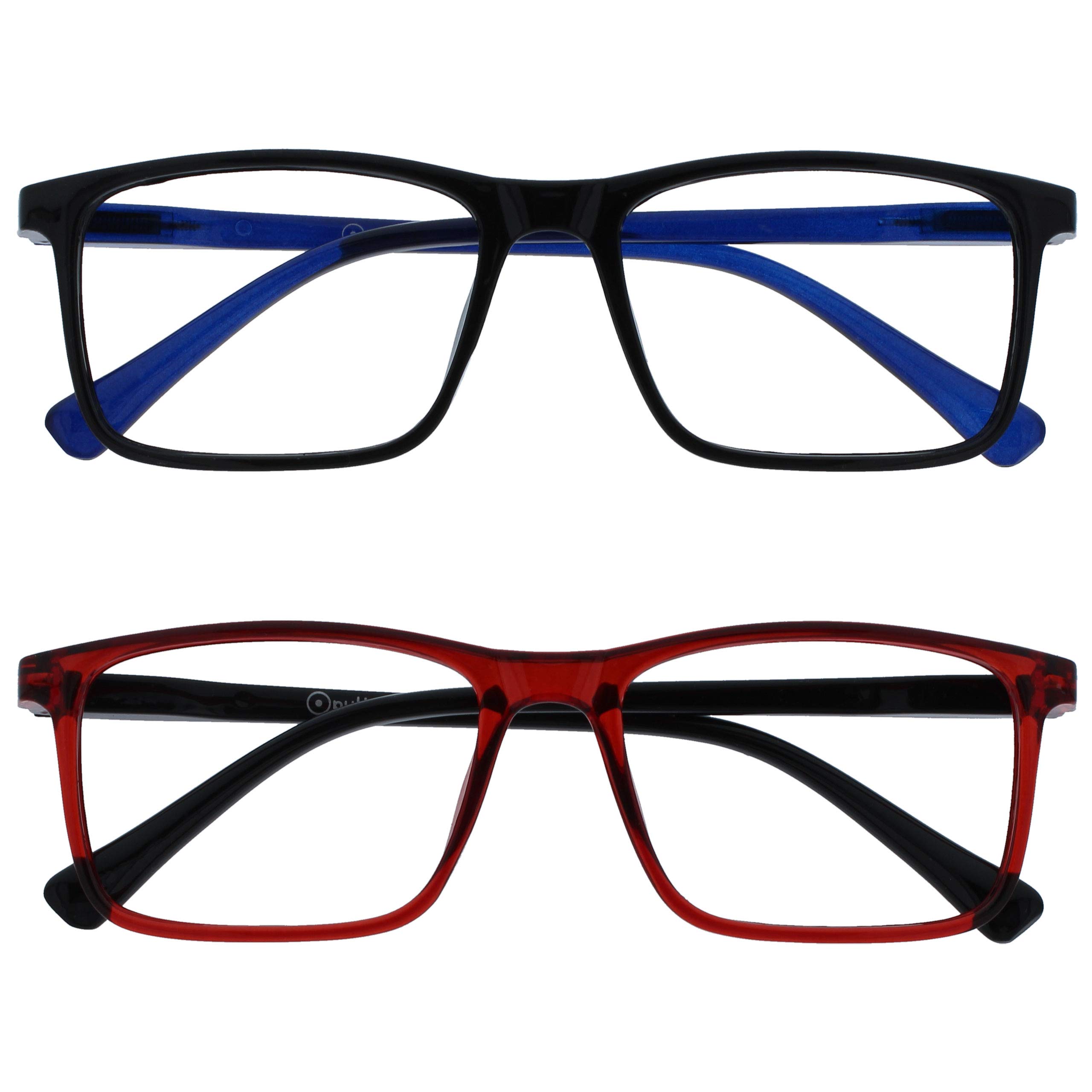 OPULIZE INK Reading Glasses - Value 2 Pack - Large Rectangular Frame - Spring Hinges - Scratch Resistant - Black Red - Mens Womens +3.50