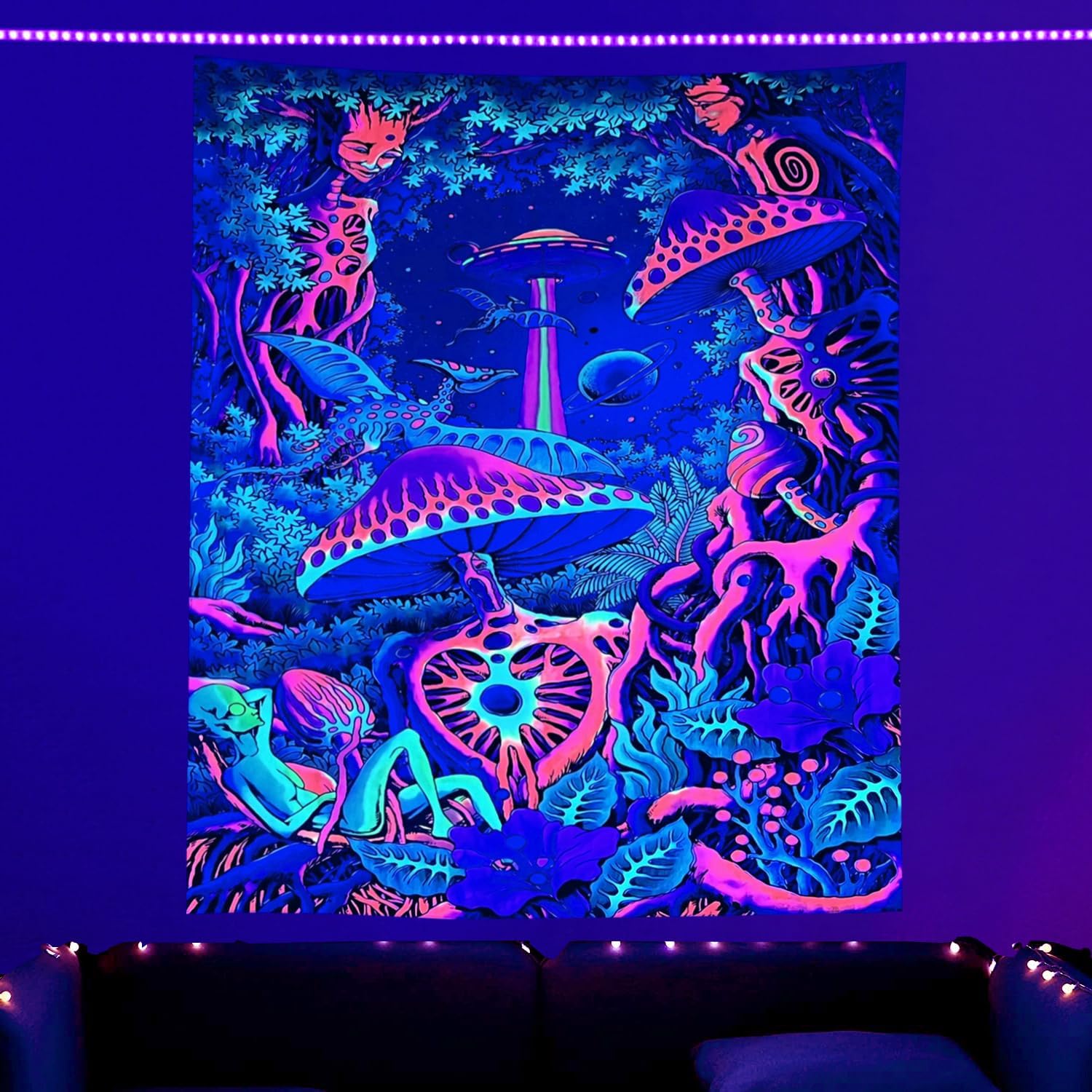 Tapestries - SparkLia Mushroom Tapestry, Blacklight Colorful Tree Forest Wall Hanging, Glow in the Dark Hippie Monster Planet Tapestries, UV Reactive Aesthetic Neon Tapestry for Bedroom, Living Room – 44” x 59”