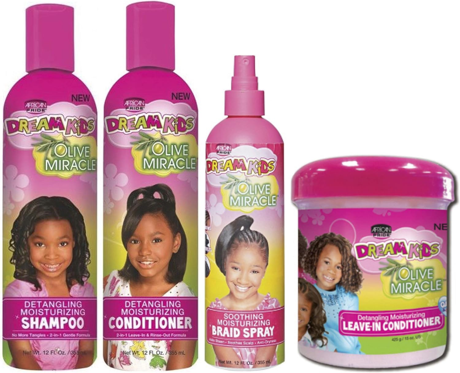 African Pride - Dream Kids Detangling Shampoo, Conditioner, Braid Spray & Leave-in Conditioner Set, 4 Piece Set