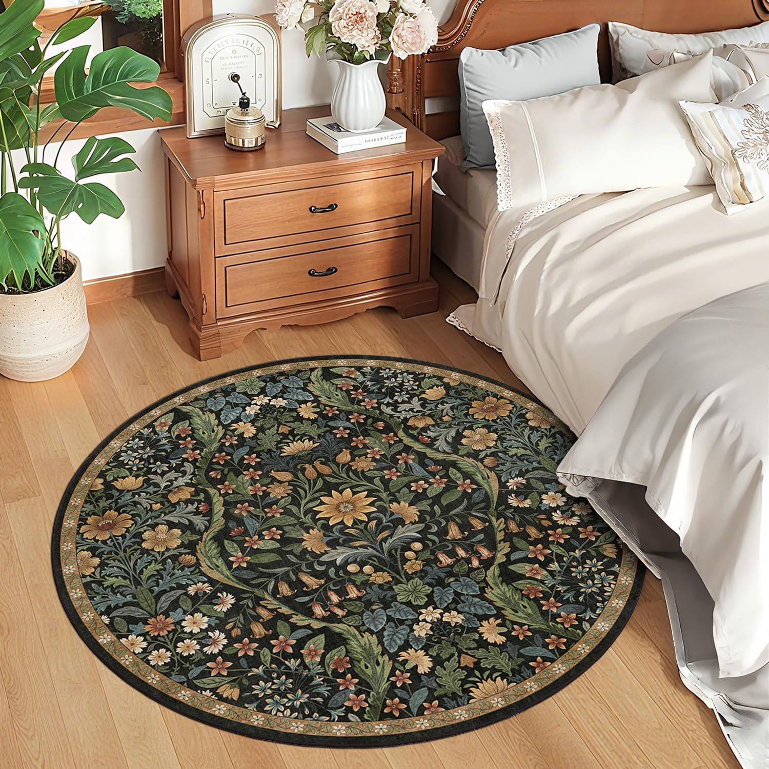 Condition photo showing New/Like New for round rug 4ft black brown washable floral circle rug,vintage boho botanical round area rugs, non-sli