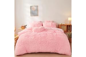 FOPPA Fluffy Faux Fur Pink Comforter Cover Set Queen - Ultra Soft Plush Pink Bedding Sets 3 Pieces (1 Fluffy Duvet Cover + 2 Faux Fur Pillow case) Cute Bed Set (Light Pink, Queen)