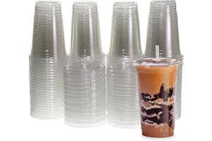 Freshware Clear Plastic Cups with Flat Lids and Straws [100 Cups - 20 oz] Disposable Tumblers for Iced Coffee, Smoothie, Milkshake, Cold Drinks