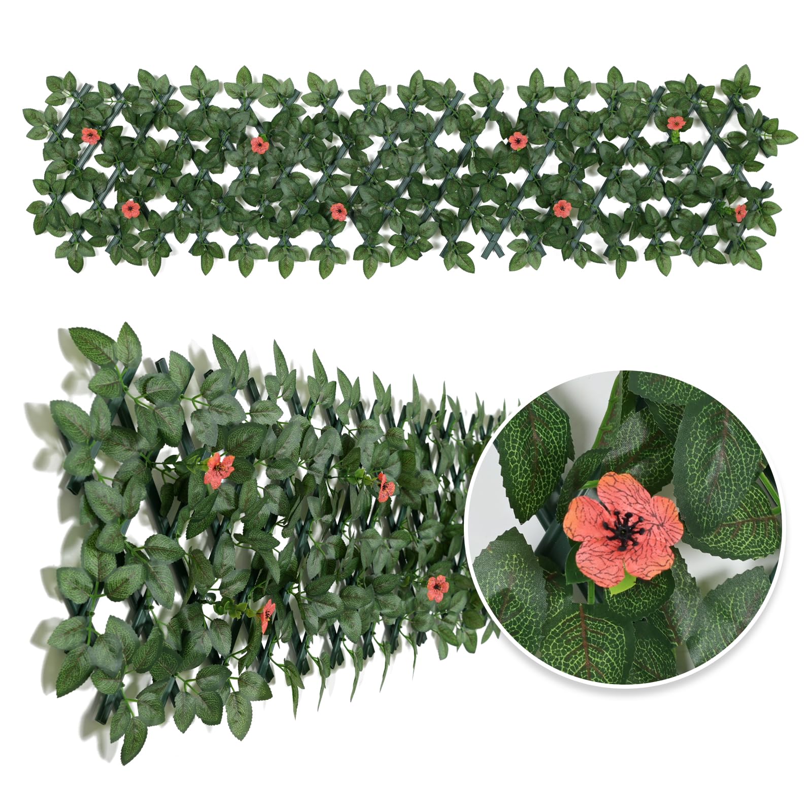 Expandable Garden Fence Panels - Privacy Screen with Faux Ivy & Flower - 200x30cm (Red Flower)