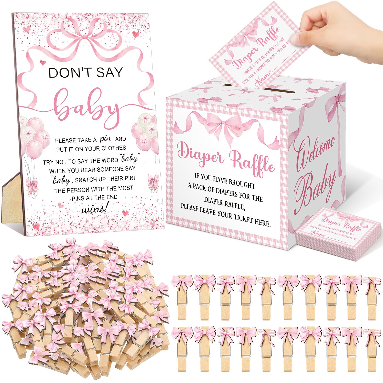 Photo 1 of Cinnvoice 102 Pcs Diaper Raffle Tickets with Raffle Box Baby Shower Party Decorations Don't Say Baby Sign Clothespin for Gender Reveal Party Invitation Insert Card Theme Game(Pink,Bow)