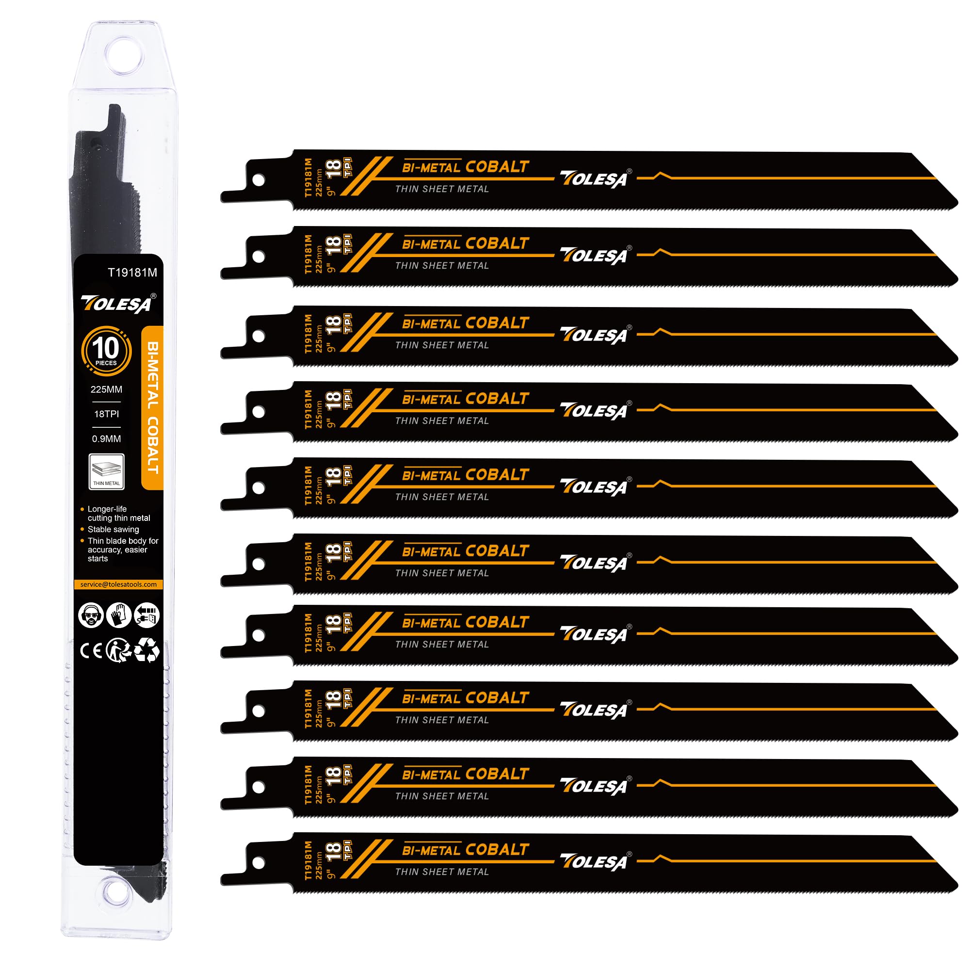 TOLESA Reciprocating Saw Accessories Metal Cutting 9 Inch 18 TPI Bi-Metal Saw Accessories M42 Teeth With Cobalt For Pipes, Profiles And Medium To Thin Sheet