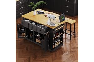 Siemd 53" Large Kitchen Island with Drop Leaf and Charging Station & Door Internal Storage Rack, Rolling Kitchen Cart on 5 Wh