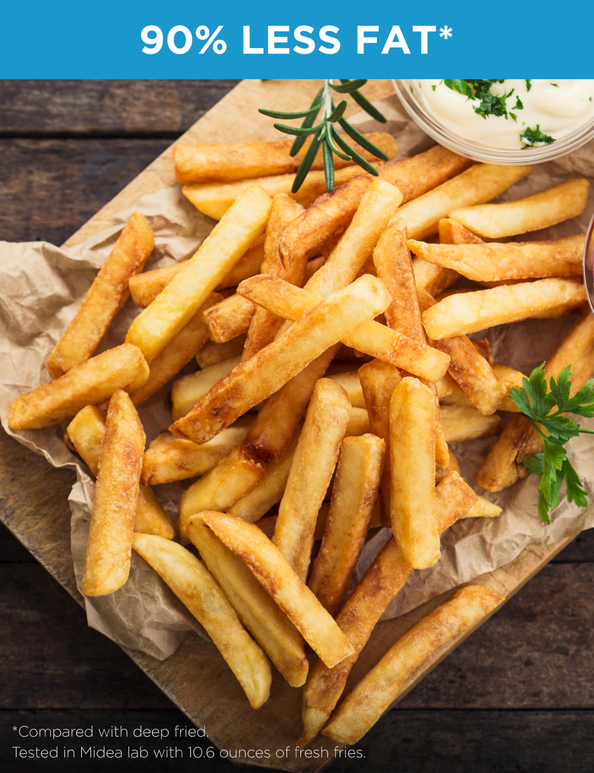 Freidora de aire Midea de 5,5 cuartos con ventana transparente, tecnología Heatexpress Rapid Air y 9 menús preestablecidos para comidas rápidas y fáciles