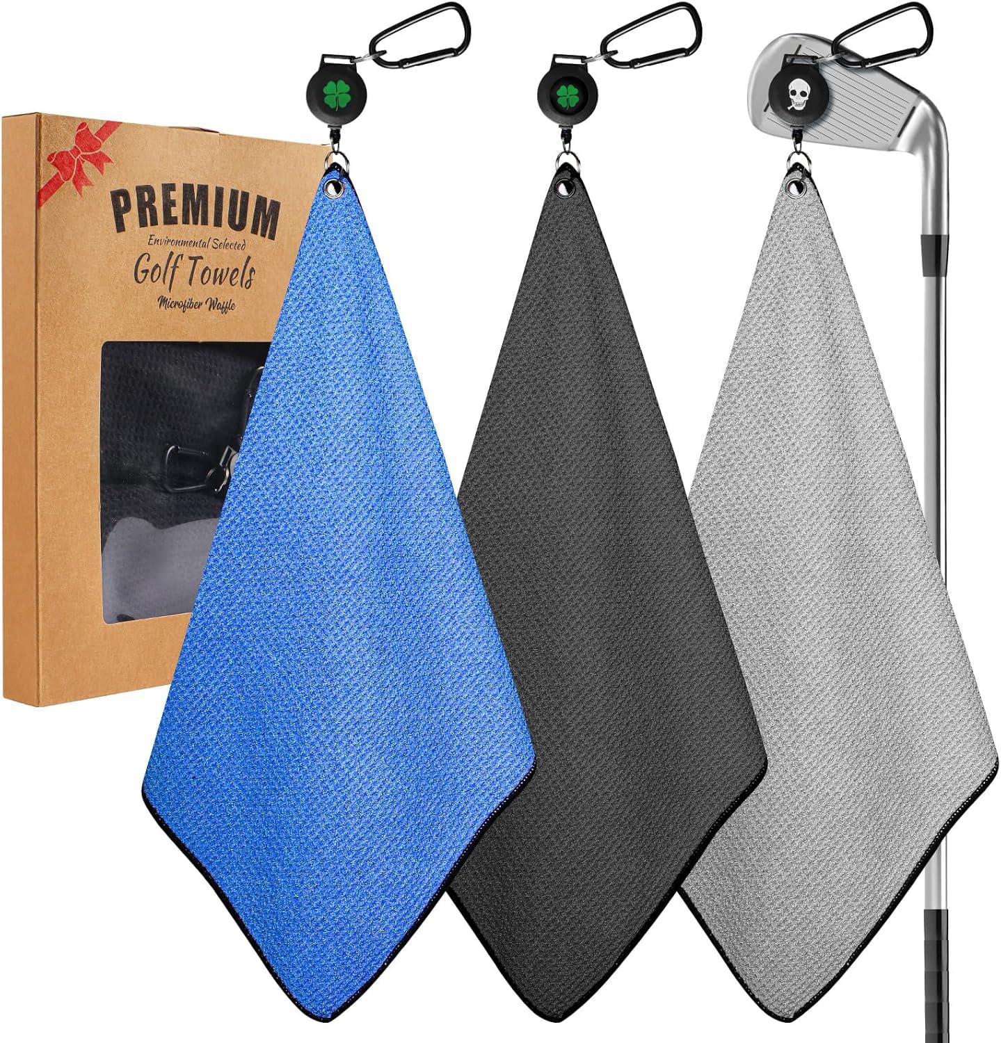 FINGER TEN Golf Towels with Magnetic Retractable Carabiner Clip Waffle 15.7"X15.7" Value 2/3 Pack, Microfiber Absorbent Golf Towel Set for Golf Bags Men Women (Grey&black&blue-3 Pack)
