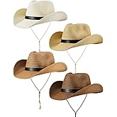 Giegxin 4 Pcs Summer Straw Hats Western Cowboy Cowgirl Hats Wide Brim for Farmer Sun Beach Men Women with Wind Lanyard