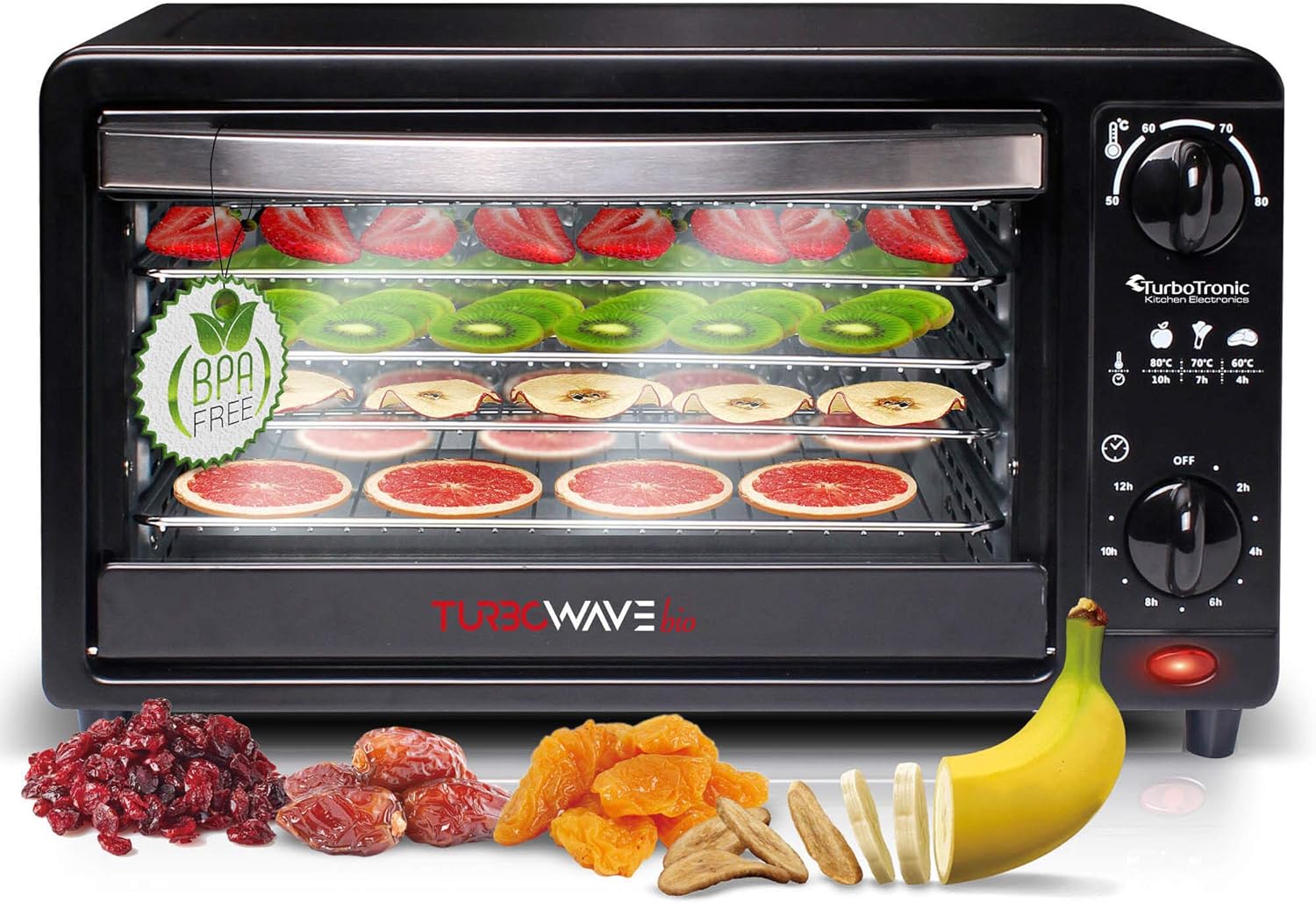 TurboWave BIO Dörrgerät komplett aus Metall, 14 Liter, 5x Einlegeboden, inkl. Timer und Rezeptheft (14 Liter)