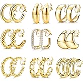 YADOCA 9 Pairs Gold Clip on Earrings for Women 14K Gold Plated Waterdrop Chunky Clip on Hoop Earrings No Piercing Fake Earrings Set