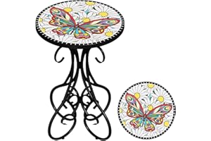 Gadroad Round Side Table, Patio Table and Plant Stand Outdoor, Small Porch Table 14" Tempered Glass Tabletop & Black Metal Frame for Yard Porch Balcony Garden Bedside, Butterfly 15.4*15.4*23.6inches