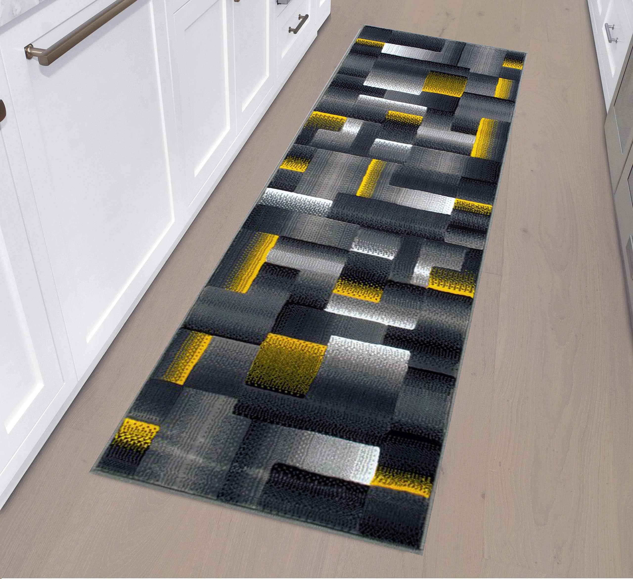 Handcraft Abstract – Yellow / Silver / Gray Geometric Modern Squares Pattern Area Rug 2 ft. by 7 ft. Runner.