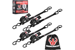 ARMORLOGISTICS Retractable Ratchet Straps 4 Pack, 1500LBS Break Strength Self Retracting Tie Down Straps, 1" x 12' Auto Ratchet Straps for Motorcycle, Kayak and Trucks, Black