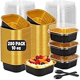 DeziWood 200 Pack 10 oz Black Gold Mini Aluminum Cake Pans with Lids and Spoons, Disposable Square Baking Cups, Oven Safe Foil Ramekins for Individual Desserts, Cupcakes, Cheesecakes Ramekins Muffin
