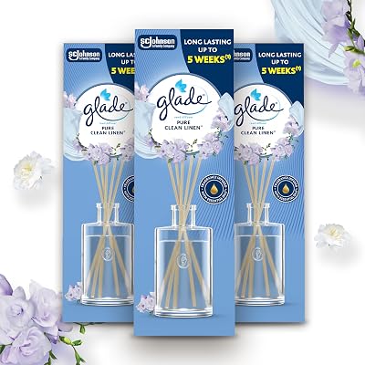 Ambientador Mikado com paus de linho limpos, dura até 15 semanas, com óleos essenciais, embala 3 difusores 3x50ml