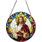 Rosporxin Suncatcher Stained Glass Window Hanging - Jesus Christ Glass Panel with Metal Chain and Hooks Handmade Sun Catcher Decoration for Window Garden Home Christmas & Birthday Gifts (7.8 Inch)