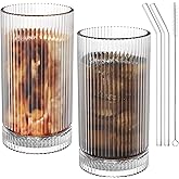 CWHHRN 15 Oz Glass Cups with Straws, Vintage Glassware for Whiskey Cocktail Beer, Iced Coffee Cups and Drinking Glassare (2 PACK