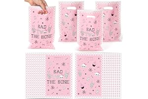 K1tpde 50PCS Bad Two The Bone Party Favor Bags, Music Theme Pink Plastic Goodie Gift Bags Bulk with Handle for Kids, Rock and Roll 2nd Birthday Decorations for Girl, Bad To The Skeleton Party Supplies