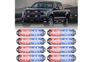 PKINGLAKE 8-Pcs 12 LED Sync Feature Emergency Strobe Grille Lights Ultra Slim Surface Mount Hazard Warning Flashing Light Bar for Firefighter/Construction/Police/Trucks/Vehicles/Car/SUV (Red/Blue)