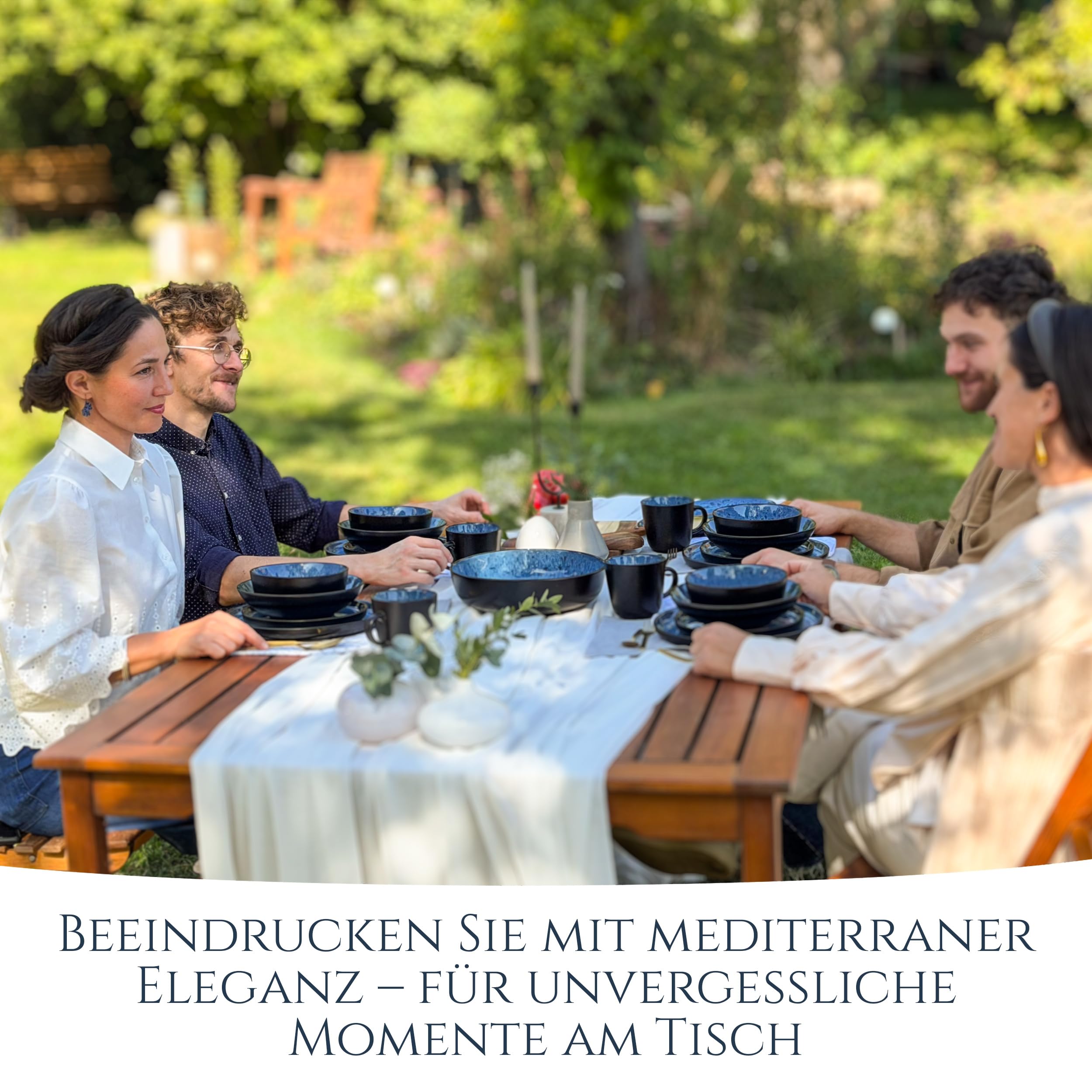 Steingut Geschirrset 6 Personen Ibiza 24 tlg. TESTSIEGER, Traumhaftes Mediterranes Steingut Geschirr Set, Schüssel- und Teller Set, Tafelservice 6 Personen, Geschirrsets Pure Living in Tiefblau 8