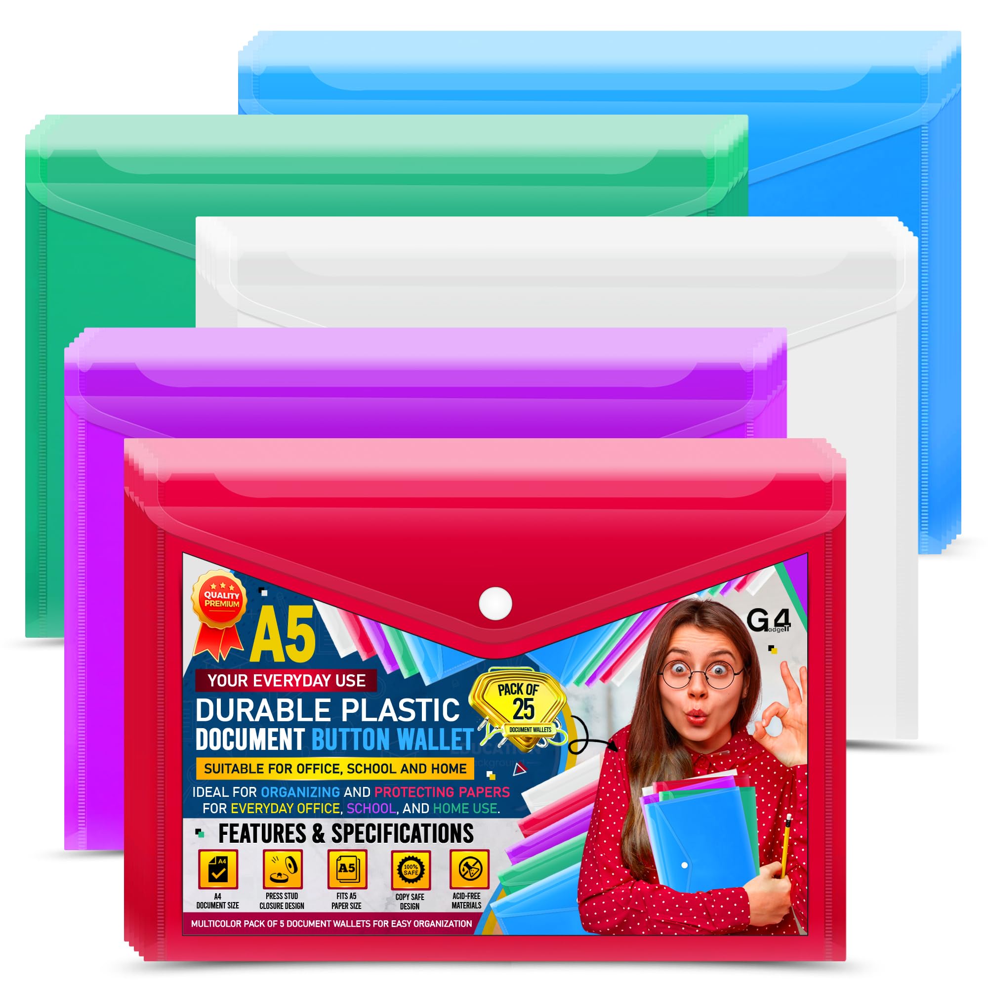 Pack of 25 A5 Bright Transparent Popper Wallet/Paper Wallets - Assorted Colours