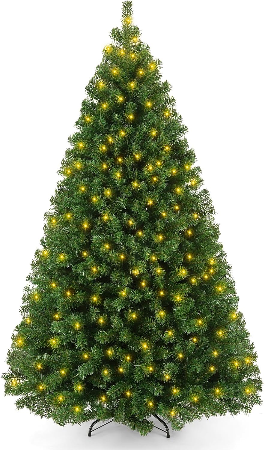 Trees - 6ft Pre-Lit Artificial Holiday Christmas Tree with Warm White Lights, Premium Hinged Spruce Xmas Tree with 800 Branch Tips and Foldable Metal Stand for Home, Office, Party