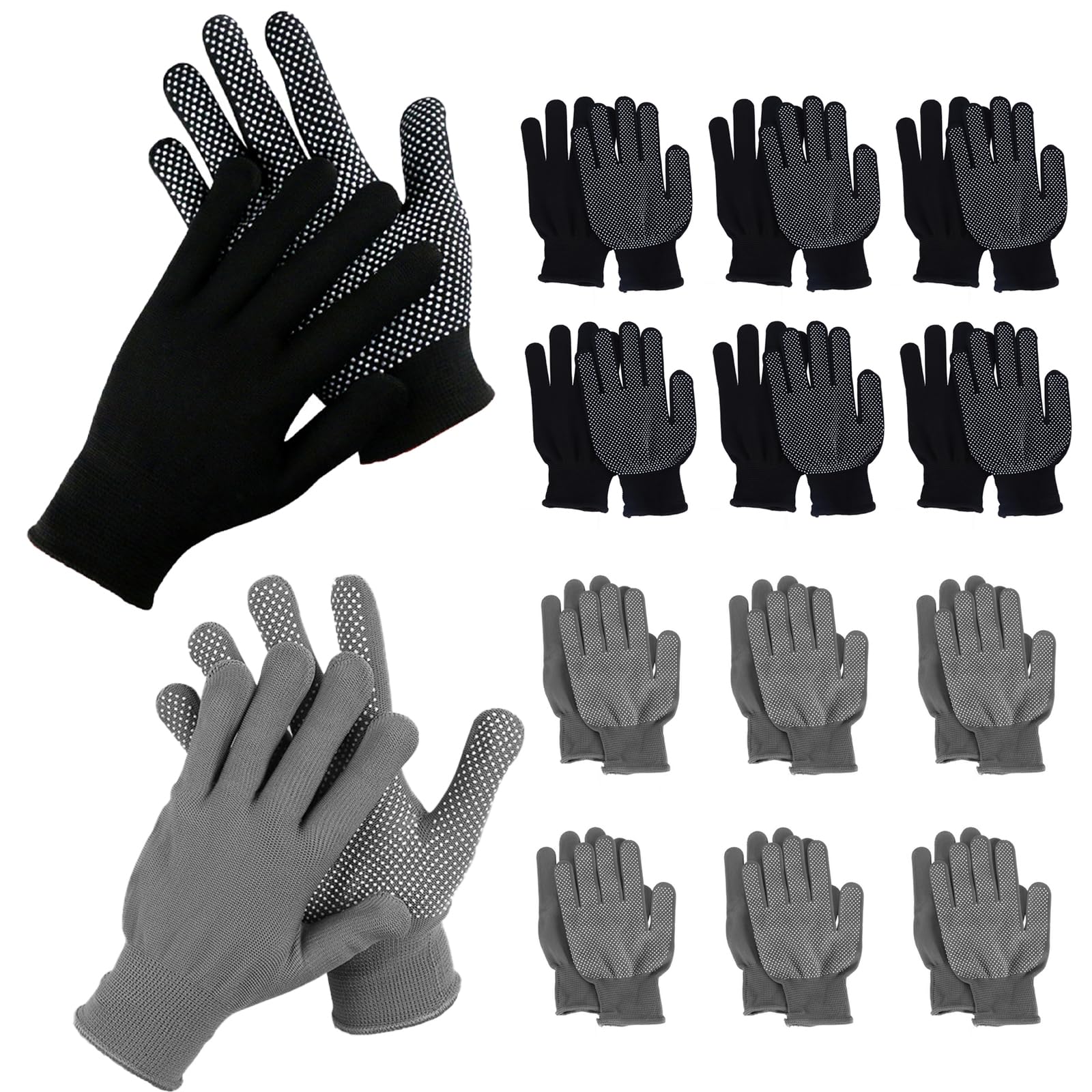 HexinYigjly Safety Work Gloves for Men and Women, 14 Pairs, Dot Grip, Nylon, Non-Slip, Gardening, Heavy Duty, Black/Grey